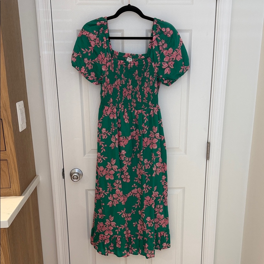J. Crew Factory Smocked Floral Green and Pink Dress